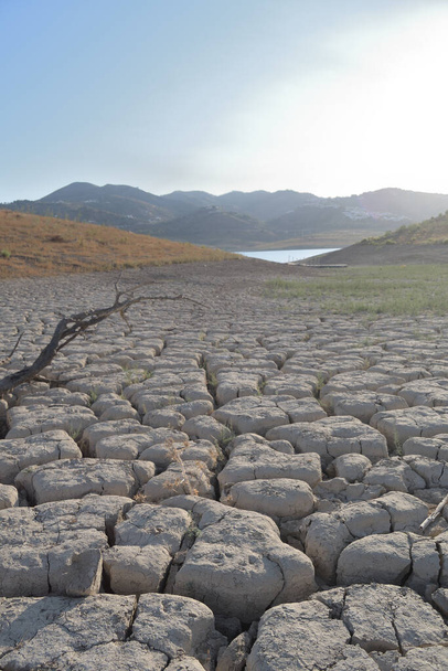 Terra seca rachada na margem de um lago ao pôr-do-sol - Foto, Imagem