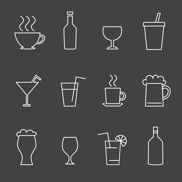 Drink outline icons sign set on dark background. Drawn drinks glassware and bottles collection. Alcohol beer wine cocktail tea and coffee icon symbol - Διάνυσμα, εικόνα