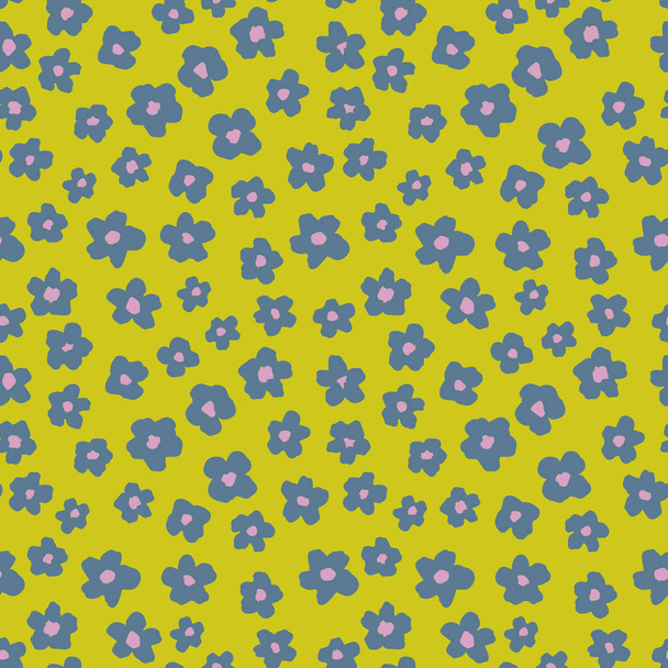 Cute little flower heads seamless repeat pattern. Random placed, vector ditsy daisy retro all over surface print on line green background. - Vector, Image