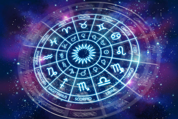 Círculo do zodíaco com sinais de planetas no fundo do cosmos escuro. Astrologia. A ciência das estrelas e dos planetas. Ciência Esotérica Secreta - Foto, Imagem