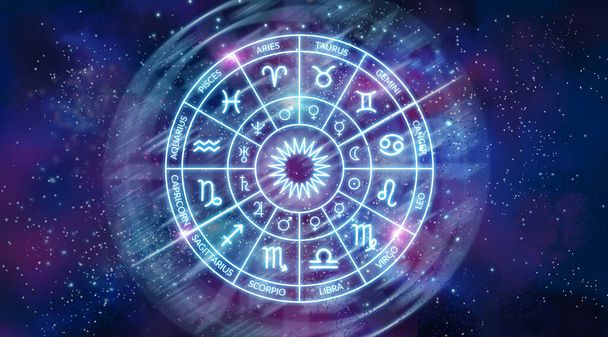 Banner de astrología. Banner círculo del zodíaco en el fondo de un espacio. La ciencia de estrellas y planetas. Conocimiento esotérico. Doce signos del zodíaco. - Foto, imagen