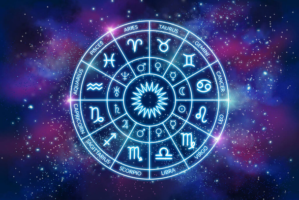 Astrology. Zodiac circle on the background of a space. The science of stars and planets. Esoteric knowledge. Ruler planets. Twelve signs of the zodiac - Photo, Image
