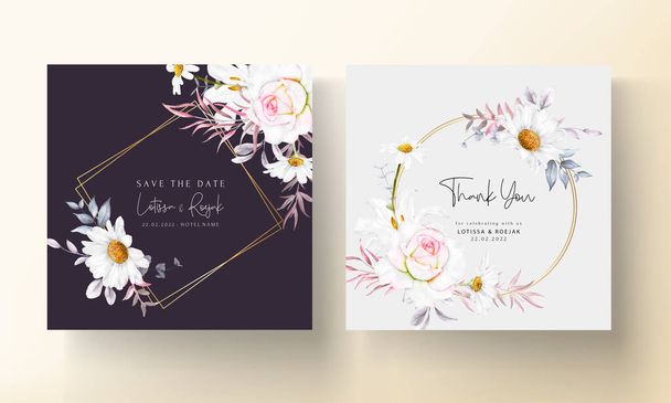 mooie bloeiende bloem en bladeren aquarel bruiloft uitnodiging kaart - Vector, afbeelding