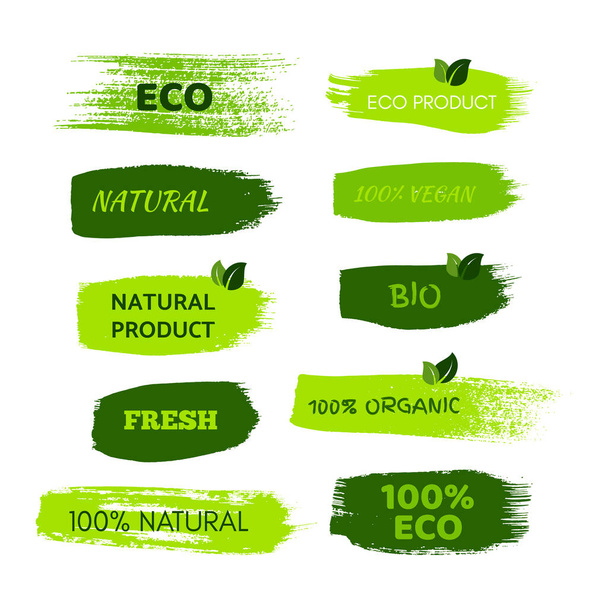 Green natural bio labels. Set of green organic, bio, eco, vegan labels on hand drawn stains. Vector illustration - Vettoriali, immagini