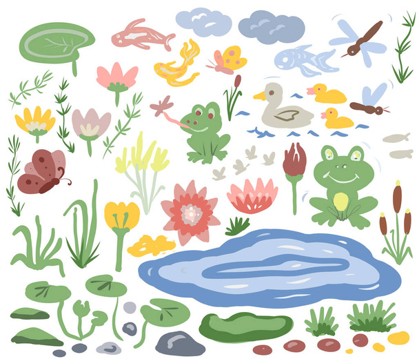Rybník žába jezero lekníny rákosí příroda zvířata hmyz kachny, velký set ilustrace ručně kreslený tisk samostatně na bílém pozadí dětinské roztomilé  - Fotografie, Obrázek