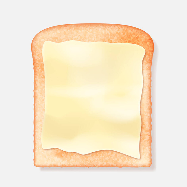 Toast bread with butter realistic. Tasty crunching bread after toasting in toaster isolated on white background. Delicious warm toast with margarine spread for breakfast. 3d vector illustration - Vector, Image