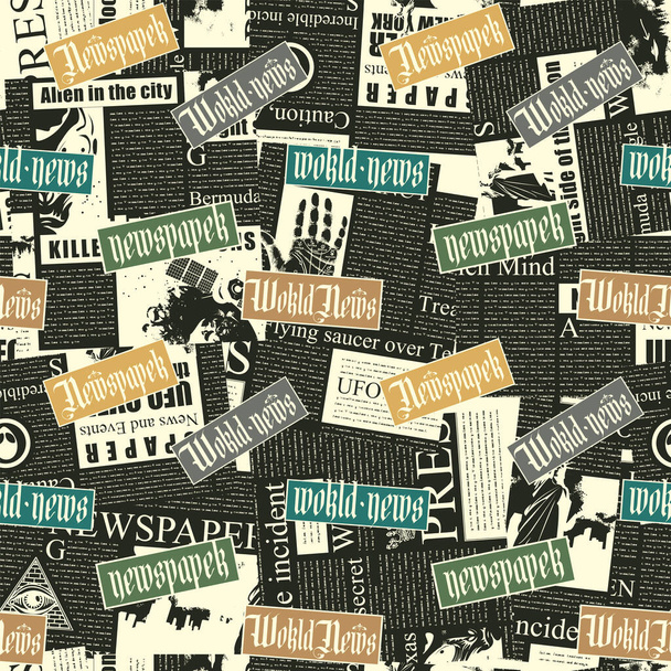 seamless pattern with a collage of newspaper clippings. Abstract background with unreadable text, titles and illustrations. Wallpaper, wrapping paper or fabric design in retro vintage style - Vektör, Görsel