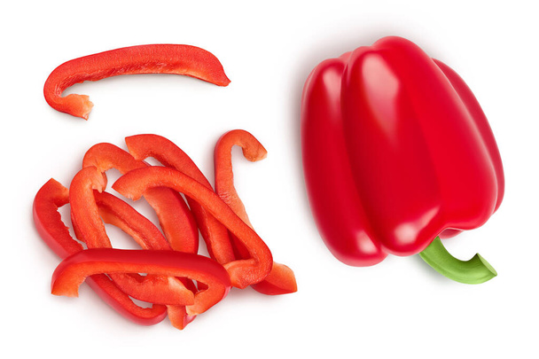 red sweet bell pepper with slices isolated on white background. Top view. Flat lay. - 写真・画像