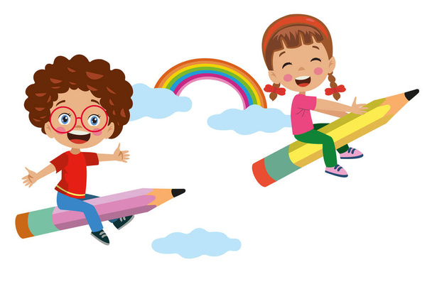 дети летают с радужными карандашами - Вектор,изображение