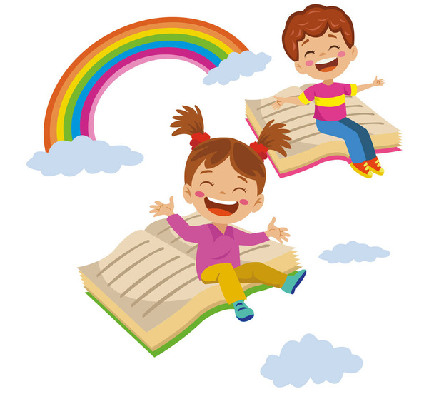 gelukkige kinderen vliegen naar wolken over boeken en regenboog - Vector, afbeelding