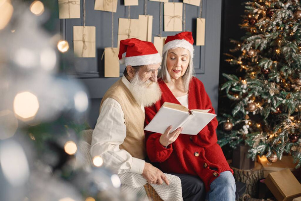 Hombre mayor celebrando la Navidad con su esposa cerca del árbol de Navidad. Viejo barbudo con su esposa con el pelo gris sentado y leyendo un libro. Hombre vistiendo suéter blanco y una mujer roja, tienen un rojo - Foto, imagen