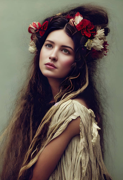 Concepto arte ilustración moda retrato de hermosa mujer bohemia - Foto, imagen