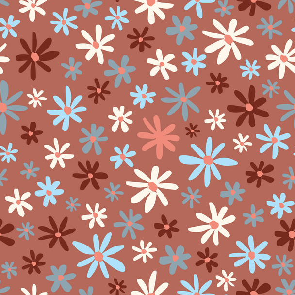 Retro cute ditsy daisy seamless repeat pattern. Random placed, vector ethno flower heads all over surface print on brown background. - Διάνυσμα, εικόνα