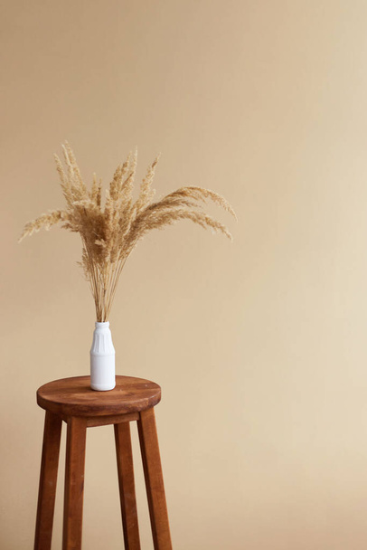 Ветки пампасов травы в вазе на бежевом фоне. внутреннее убранство. копировальное пространство - Фото, изображение