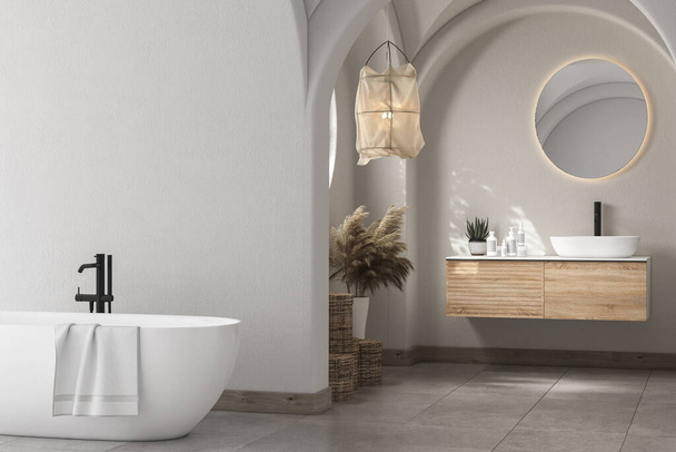 Moderno interno bagno metà secolo e minimalista, vasca da bagno, concetto di arredamento bianco, moderno mobile da bagno in legno appeso a parete bianca, pavimento in cemento. Bagno accogliente. rendering 3d - Foto, immagini