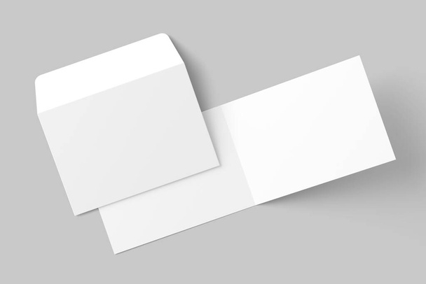 Tarjeta de invitación plegada paisaje A4 A5 A6 con envolvente 3D que renderiza la maqueta blanca en blanco para la presentación del diseño - Foto, imagen