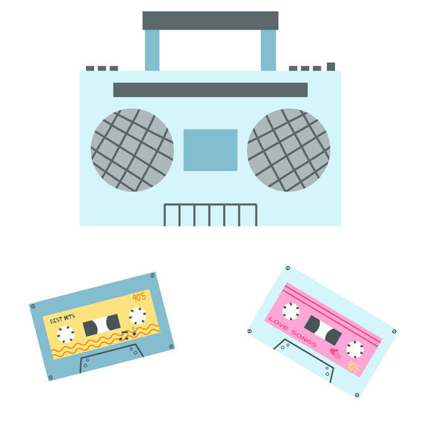 Handgezeichneter Stereo-Radio-Kassettenspieler alter Schule mit Audio-Mixtape. Vektor-Illustration eines tragbaren Retro-Tonbandgeräts, Boombox-Symbol für Druck, Grafik-Tee, Poster, Nostalgie für 1990. - Vektor, Bild
