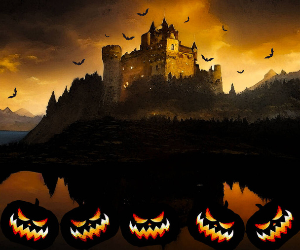 Imágenes espeluznantes y aterradoras de Halloween y fondo de calabazas vectoriales, ilustración para contenido multimedia o tarjeta de Halloween. - Vector, Imagen