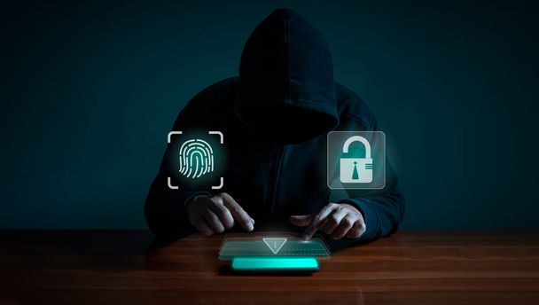 Hackers spy on cell phones. Concept of information security system in internet network and information espionage. - 写真・画像