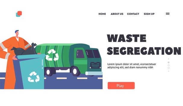 Waste Segregation Landing Page Template. Janitor Character Carry Container with Recycling Symbol for Loading into Truck. Litter Recycle Service, Garbage Separation. Cartoon Vector Illustration - Vector, Image