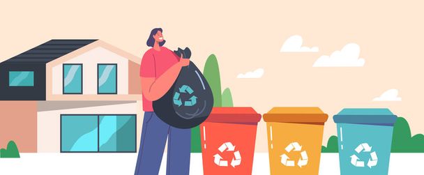 Nainen heittää roskakoriin roskakoriin kierrätyskyltillä. Eco aktivisti Nainen merkki ekologia Protection, muovi uudelleenkäyttö ratkaisu, puhdistus prosessi Concept. Sarjakuva vektori kuvitus - Vektori, kuva