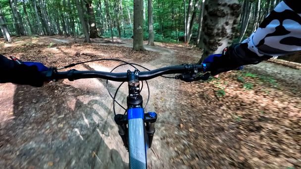 森のトレイルでエンデューロ自転車に乗る - 写真・画像
