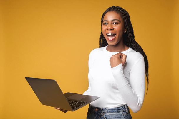 Overjoyed young woman surprised victory looks at the laptop, female celebrates good news received by email, got a job offer, amazed woman rejoice win in an online lottery - Φωτογραφία, εικόνα