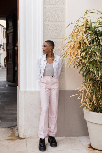 Trendy african american woman standing near plant and building on street in Treviso - Valokuva, kuva