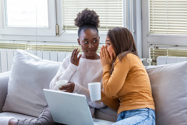Diverse female friends sharing secrets. Two women gossiping at home. Excited emotional girl whispering to her friend ear while sitting in living-room - Photo, Image