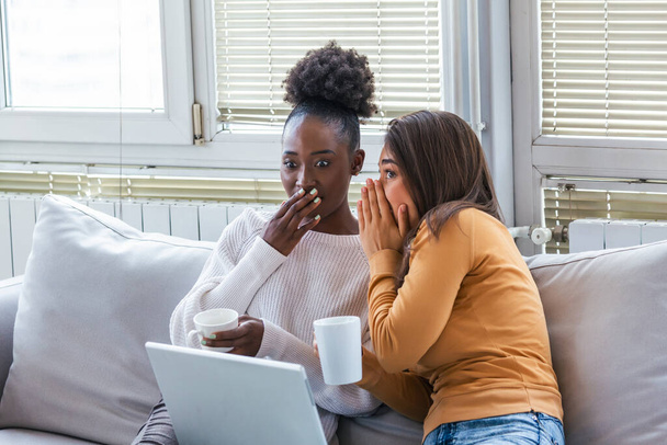 Diverse female friends sharing secrets. Two women gossiping at home. Excited emotional girl whispering to her friend ear while sitting in living-room - Photo, Image