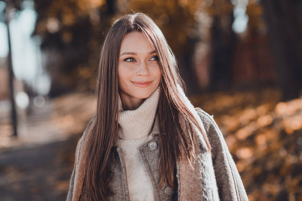 Photo of cute brown hairdo millennial lady look wear coat pullover at the street in autumn. - Φωτογραφία, εικόνα