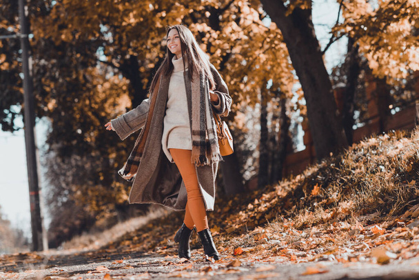 Täyspitkä kuva söpö ruskea kampaus nainen mennä pukeutua takki villapaita housut kengät ulkona puistossa. - Valokuva, kuva