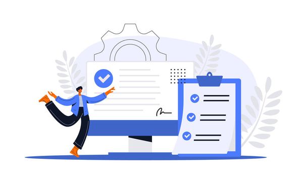 People marked checklist on a clipboard paper. Successful completion of business tasks. Flat vector illustration - Vector, Image