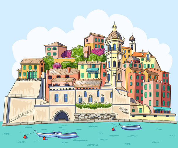 Vista panoramica dell'antico borgo italiano di Vernazza sul lungomare con barche. Illustrazione vettoriale. - Vettoriali, immagini