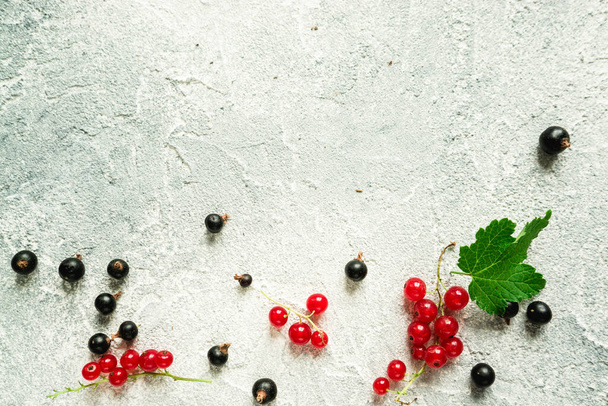 black and red currant berries on a neutral gray concrete background, space for text, advertising or design - Fotografie, Obrázek