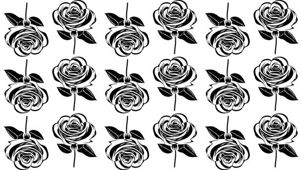白地に葉や茎を持つ黒い手描きのバラの花で作られたシームレスなラインアートパターン - ベクター画像