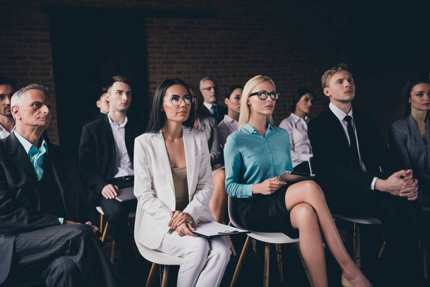 Portrait of businesspeople ceo boss chief attending event listening to presenter plan at loft wood brick industrial style interior indoors. - Foto, imagen