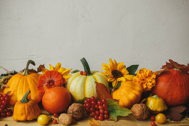 Happy Thanksgiving! Stylish pumpkins, autumn flowers, berries, leaves, nuts on wooden table in rustic room. Autumn still life. Seasons greeting card, space for text. Atmospheric banner - Photo, Image