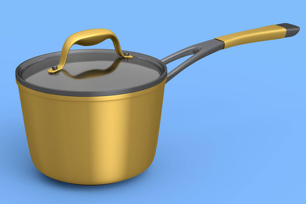 Stainless steel stewpot and chrome plated aluminum cookware on blue background. 3d render of non-stick kitchen utensils - Foto, Imagem