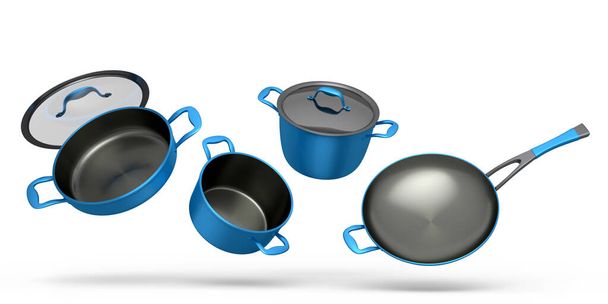 Set of flying stainless steel stewpot, frying pan and chrome plated aluminum cookware on white background. 3d render of non-stick kitchen utensils - 写真・画像