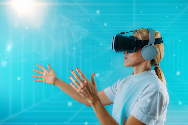 Metaverse Digital Cyber Technology, Woman with Virtual Reality Headset.  - Photo, Image