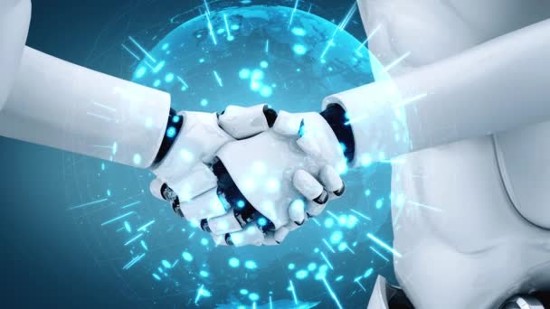 3D rendering hominoid robot handshake to collaborate future technology development by AI thinking brain, artificial intelligence and machine learning process for 4th industrial revolution. - Πλάνα, βίντεο