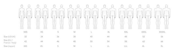 Набор мужчин XXS XS S M L XL XXL XXXL XXXXL размеры и международные размеры Мода шаблон Croquis Джентльмены модели фронт, вид сзади. Векторные наброски для дизайна одежды, технического рисунка - Вектор,изображение