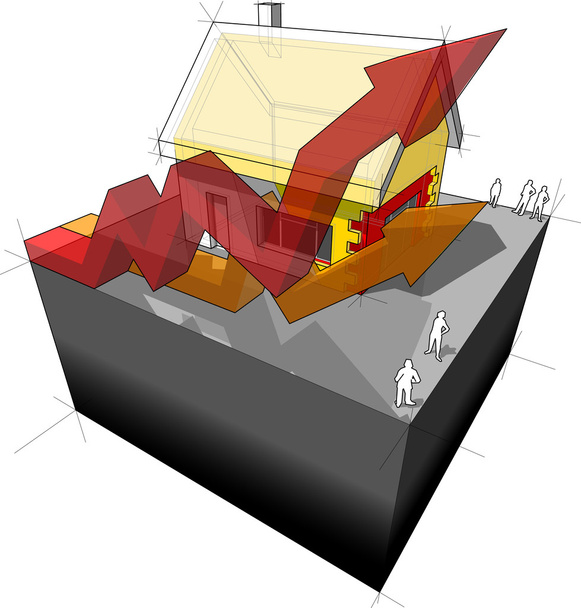 Huis met extra muur en dak isolatie en de stijgende zakelijke pijlen - Vector, afbeelding