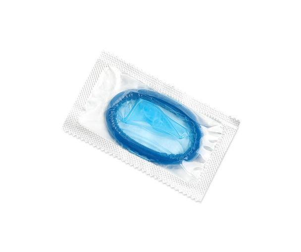 Condom package isolated on white, top view. Safe sex - Valokuva, kuva