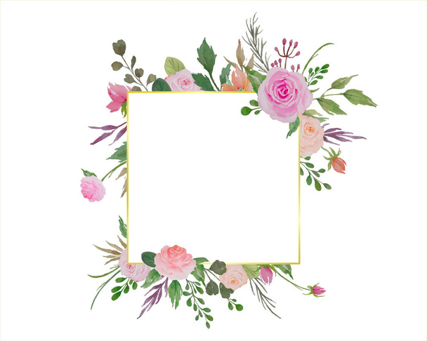 Moldura floral aquarela, ilustração de flores fronteira com rosas e folhas verdes. - Vetor, Imagem