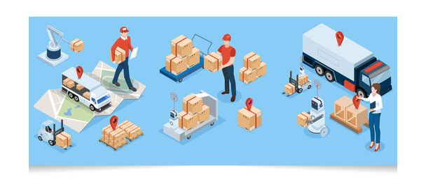 3D isometric Global logistics network concept with Transportation operation service, Export, Import, Cargo, Air, Road, Maritime delivery. Vector illustration EPS 10 - Vector, Image