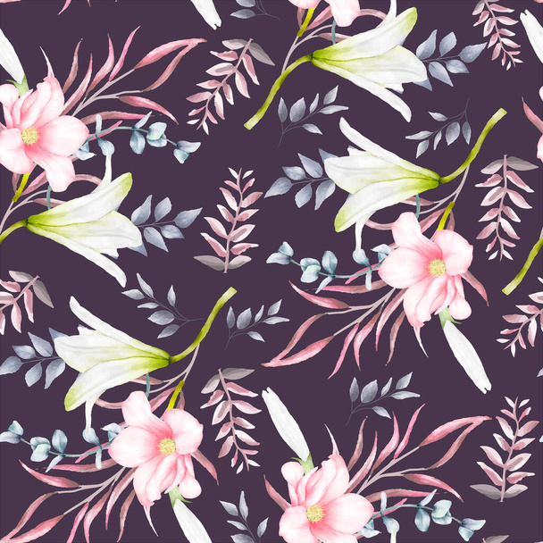 elegant floral seamless pattern with beautiful flower and leaves watercolor - Vektör, Görsel