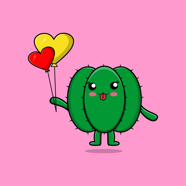 Cute cartoon cactus floating with love balloon cartoon vector illustration - ベクター画像