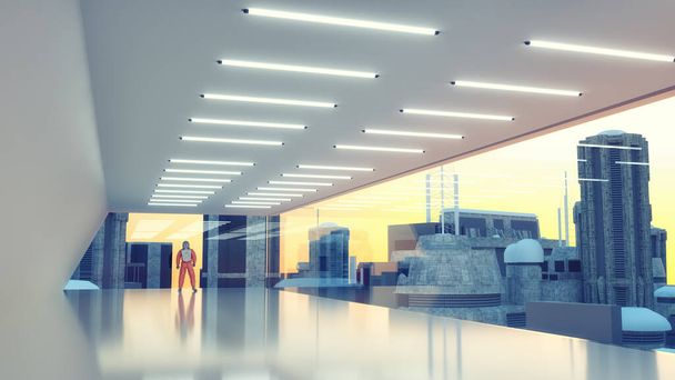 Astronauta de pie en una habitación moderna y mirando a la ciudad futurista. Concepto de tecnología futura. Esta es una ilustración de renderizado 3d . - Foto, imagen